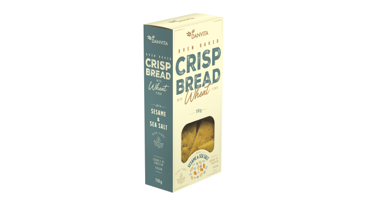Pâine crocantă din făină grâu (crisp bread), cu susan și sare de mare, 110 g. Produs vegan.