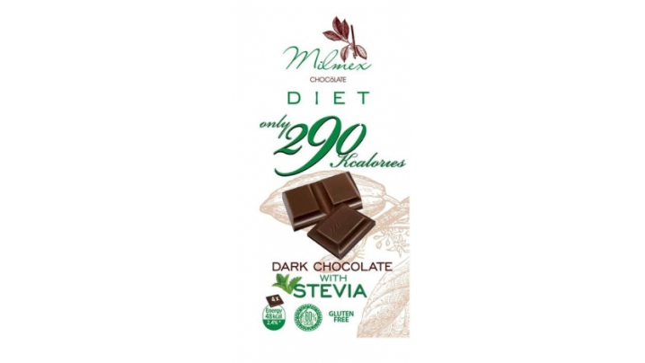 Ciocolată neagră dietetică, cu doar 290 calorii, cu stevia, 60% cacao, 80 g