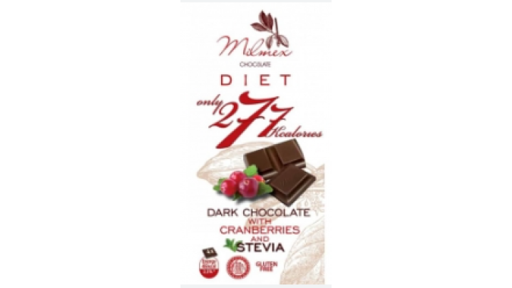 Ciocolată neagră dietetică, doar cu 277 calorii, cu merișoare și stevia, 60% cacao, 80g