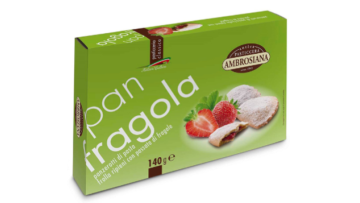 Ambrosiana Pan Fragola- Specialitate din aluat fraged acoperit cu zahar pudră, cu umplutură de piure de căpșuni, 140 g