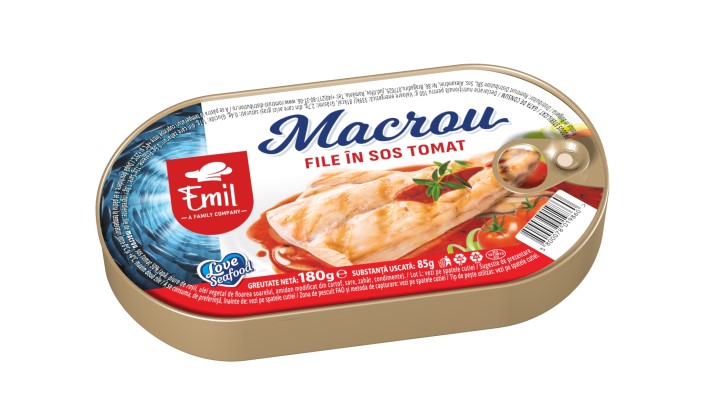 EMIL –  Macrou file în sos tomat, 180 g