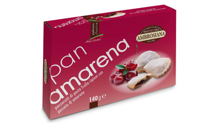 Ambrosiana Pan Amarena- Specialitate din aluat fraged acoperit cu zahar pudra, cu umplutura de piure de cireșe, 140 g